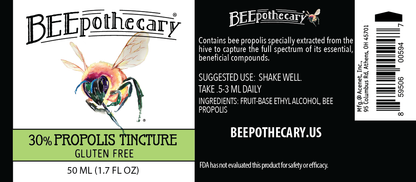 Product label for BEEpothecary 30% Propolis Tincture Gluten Free