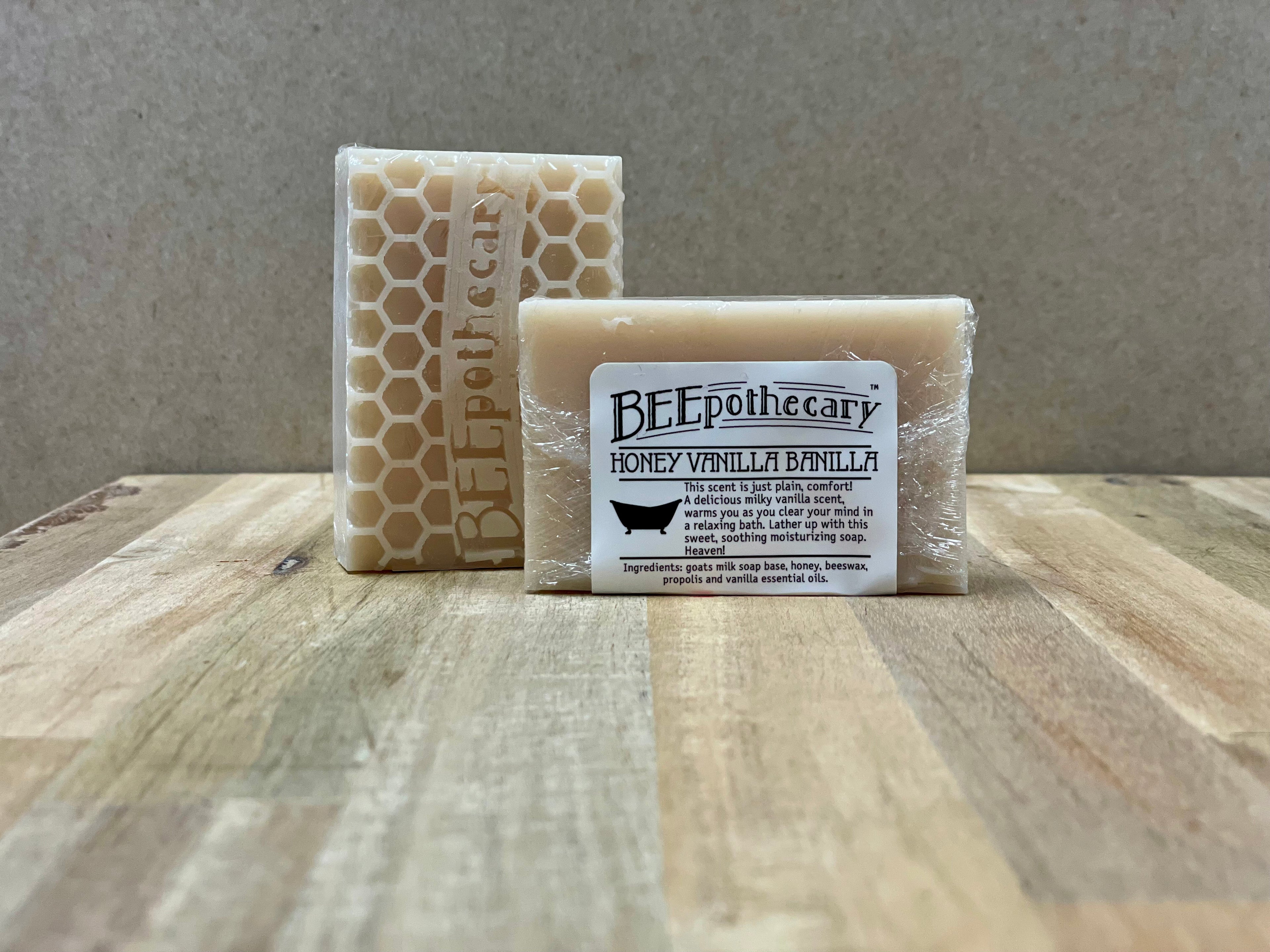 BEEpothecary Goat Milk Soap Honey Vanilla Banilla fragrance in packaging with white label