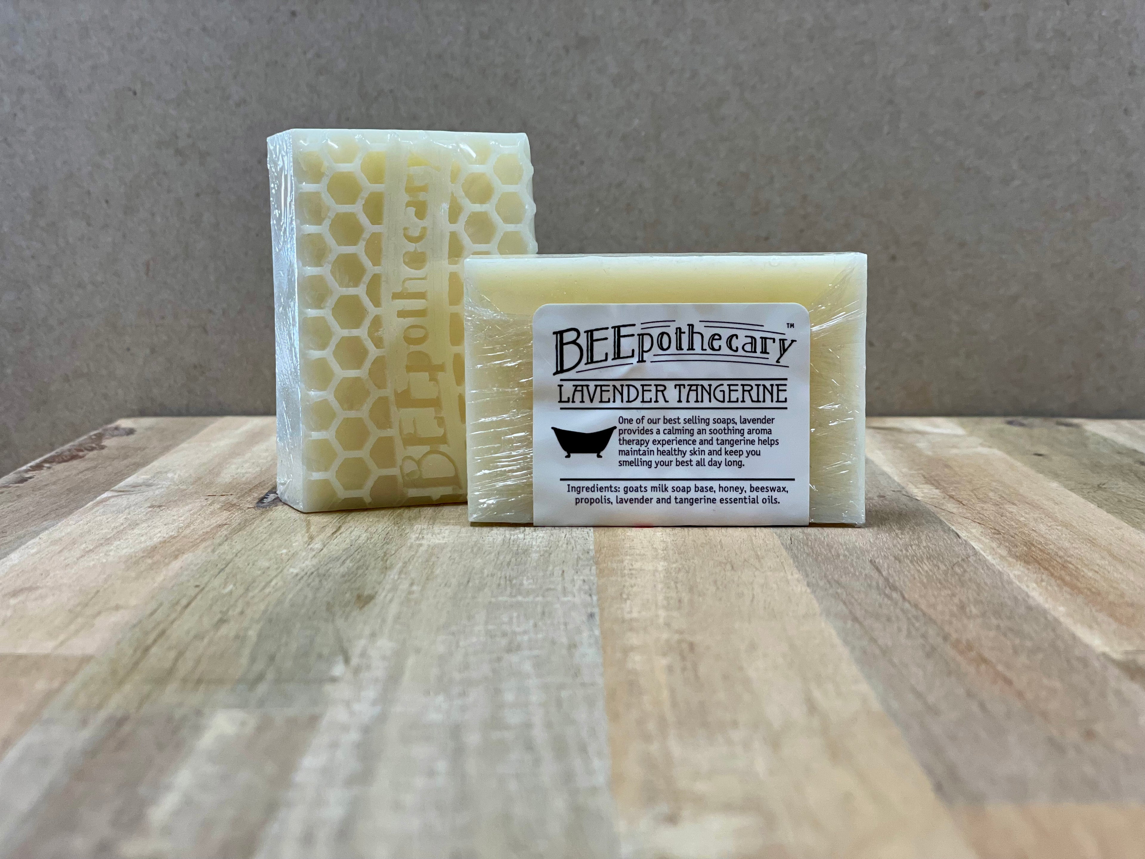 BEEpothecary Goat Milk Soap Lavender Tangerine fragrance in packaging with white label