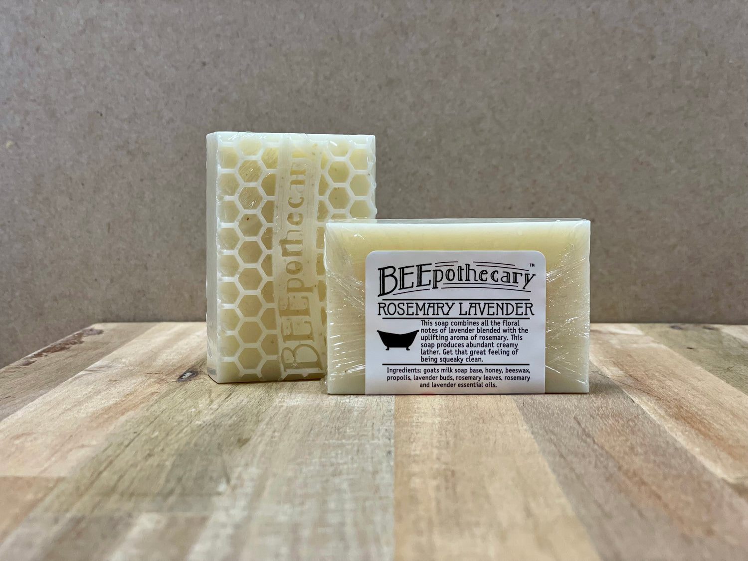 BEEpothecary Goat Milk Soap Rosemary Lavender fragrance in packaging with white label