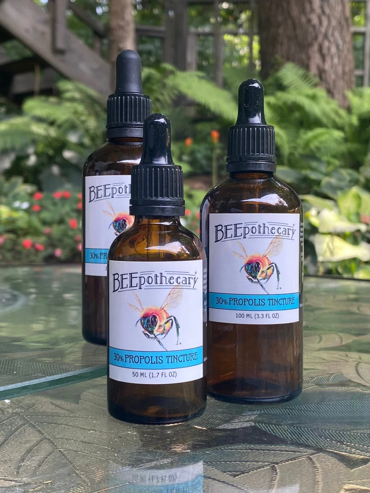 BEEpothecary 30% Propolis Tincture in brown dropper bottles with white label