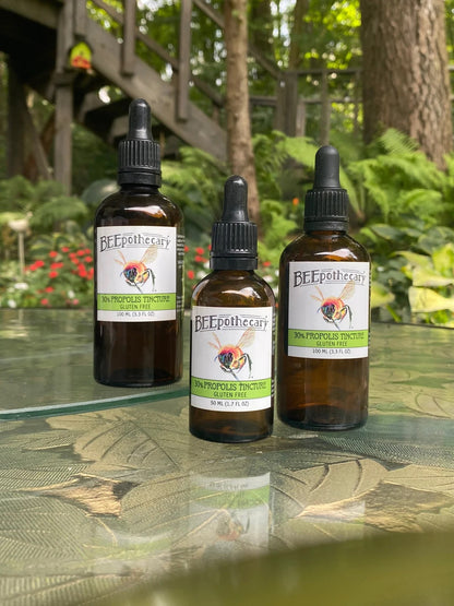 BEEpothecary 30% Propolis Tincture Gluten Free in brown dropper bottles with white label