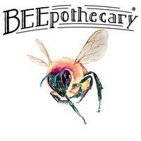 BEEpothecary logo which contains an artistic rendition of a honey bee using orange, yellow and black 