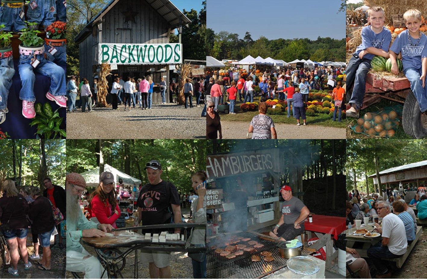 Eight pictures of Backwoods Fest including shopping, food, games, eating