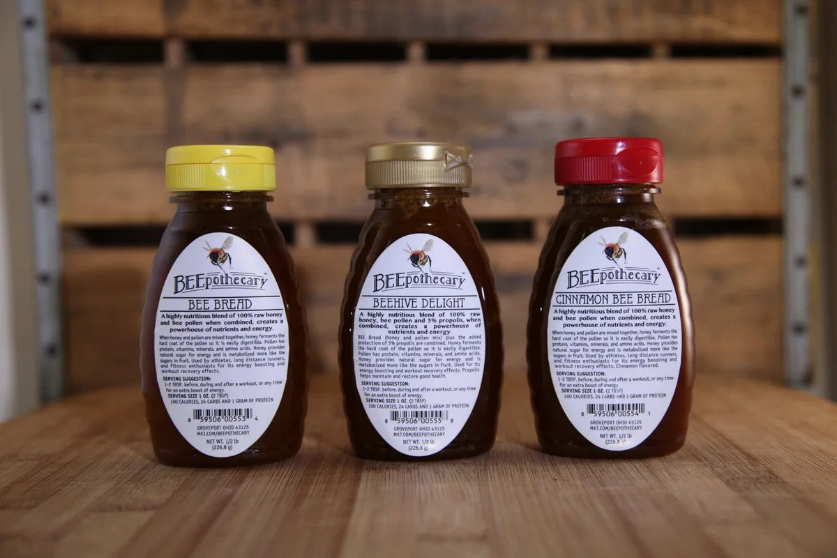 BEEpothecary bee bread in regular, cinnamon, and beehive delight flavors 0.5 lb squeeze jar