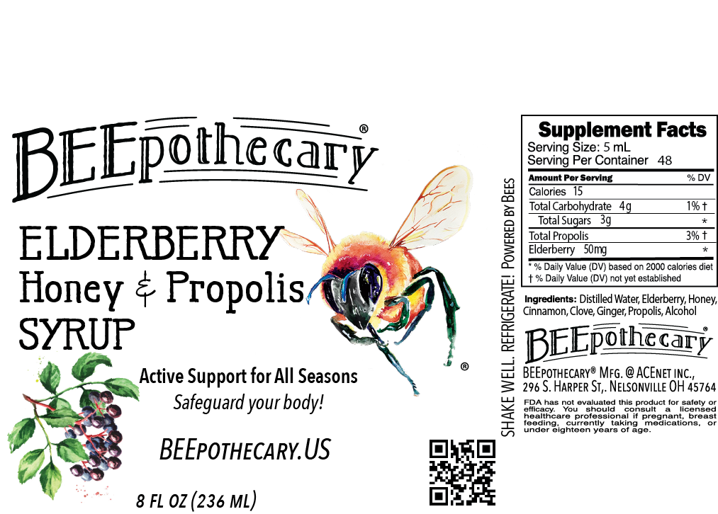 Product label for BEEpothecary Elderberry Honey &amp; Propolis Syrup