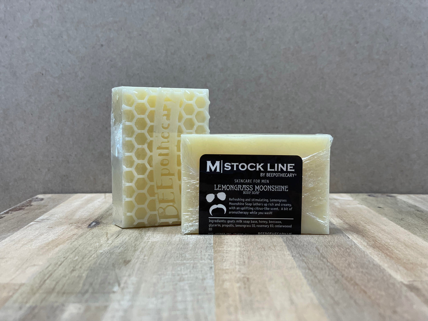 BEEpothecary Goats Milk Soap Lemongrass Moonshine fragrance in packaging with black label