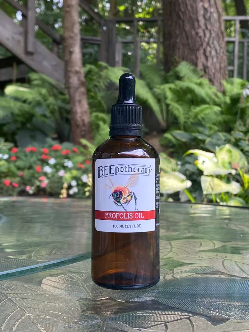 BEEpothecary Propolis Oil in 100 ml brown bottle with white label and dropper
