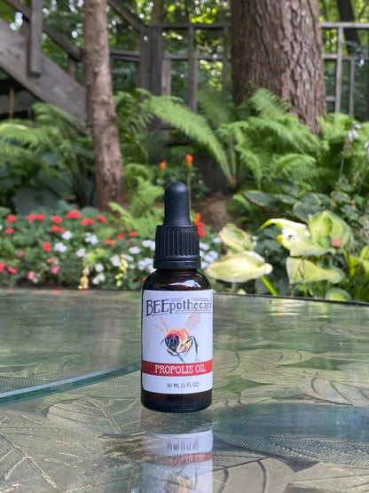 BEEpothecary Propolis Oil in 30 ml brown bottle with white label and dropper