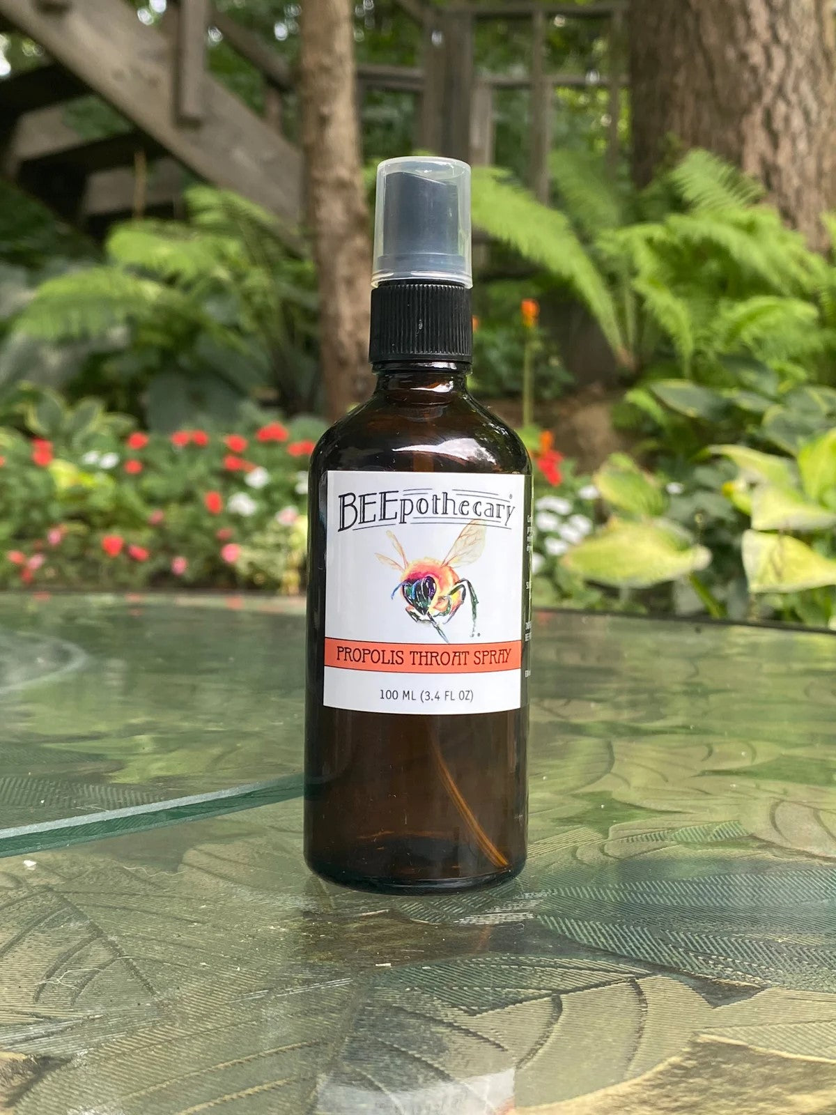 BEEpothecary Propolis Throat Spray in 100 ml brown spray bottle with white label.