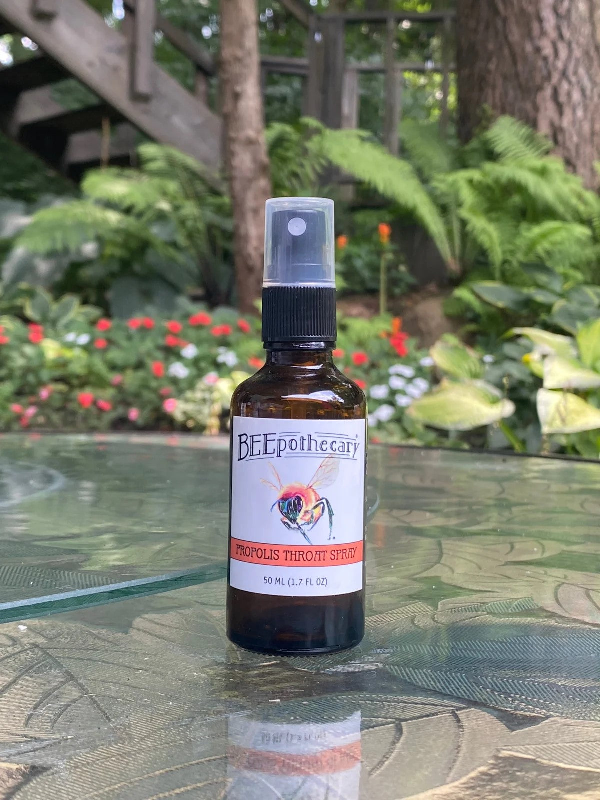BEEpothecary Propolis Throat Spray in 50 ml brown spray bottle with white label.