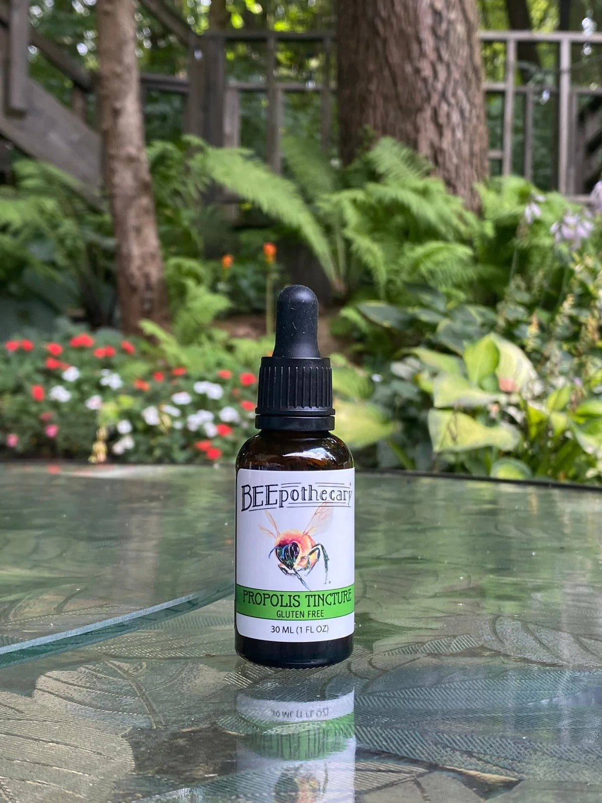 BEEpothecary Propolis Tincture Gluten Free in 30 ml brown bottle with white label and dropper.
