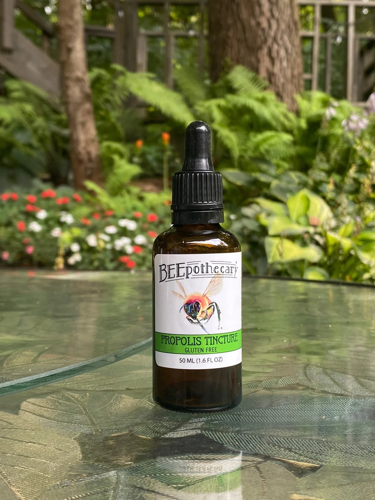 BEEpothecary Propolis Tincture Gluten Free in 50 ml brown bottle with white label and dropper.