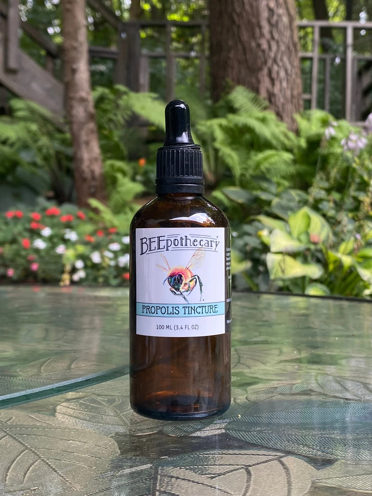 BEEpothecary Propolis Tincture in 100 ml brown bottle with white label and dropper.