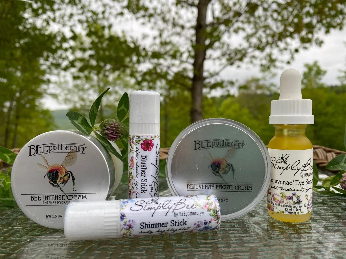 BEEpothecary gift set including hydration cream, blusher stick, shimmer stick, facial cream and eye serum.