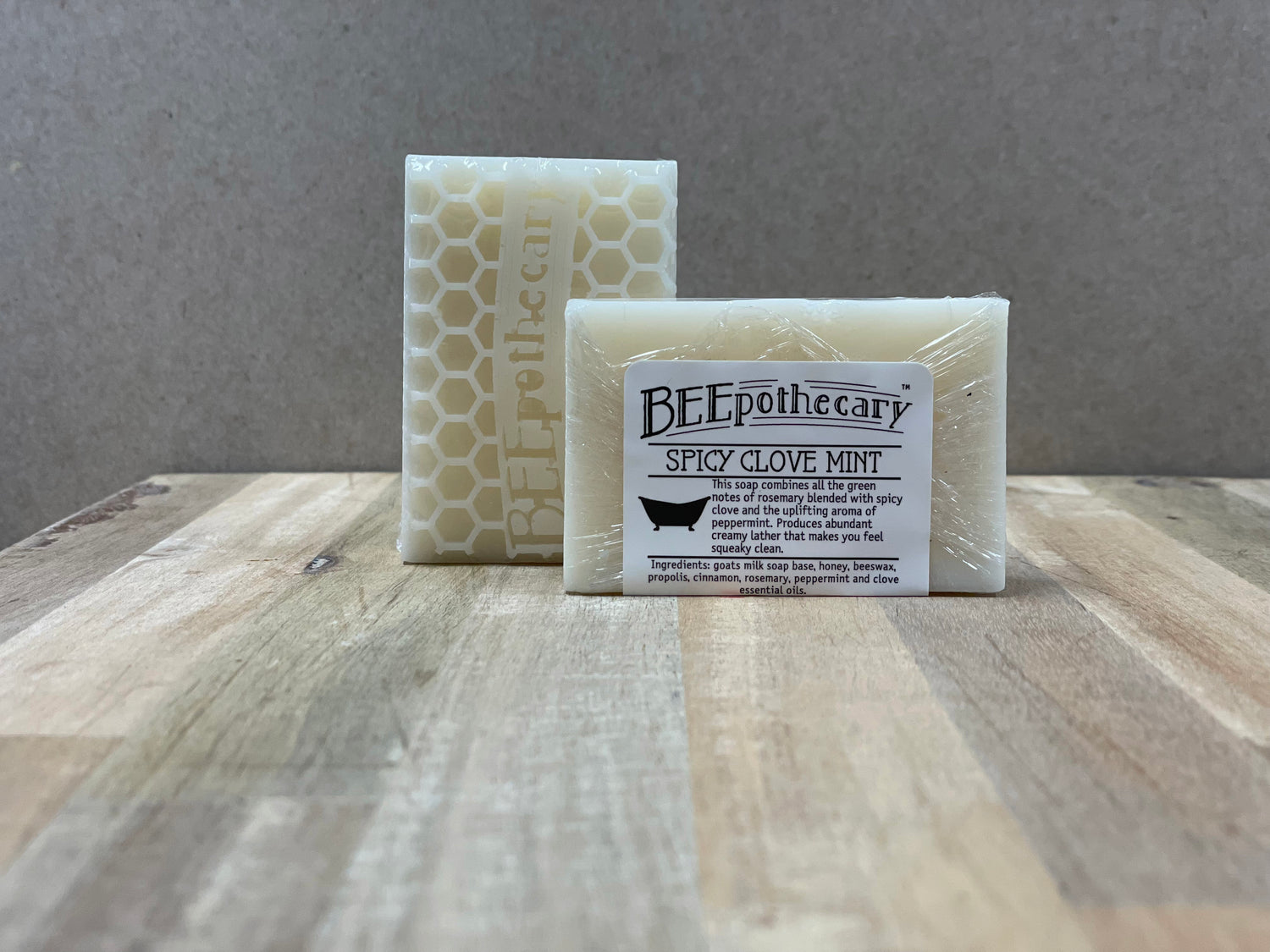 BEEpothecary Goat Milk Soap Spicy Clove Mint fragrance in packaging with white label