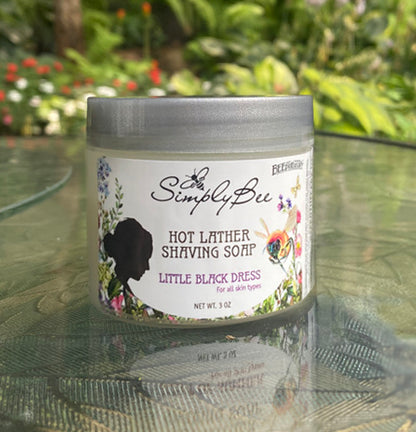 BEEpothecary shaving soap for women in Little Black Dress fragrance with white label and silver twist top in 3 oz containers.