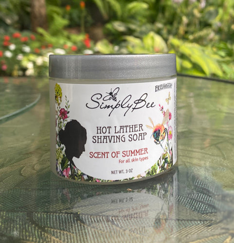 BEEpothecary shaving soap for women in Scent of Summer fragrance with white label and silver twist top in 3 oz containers.