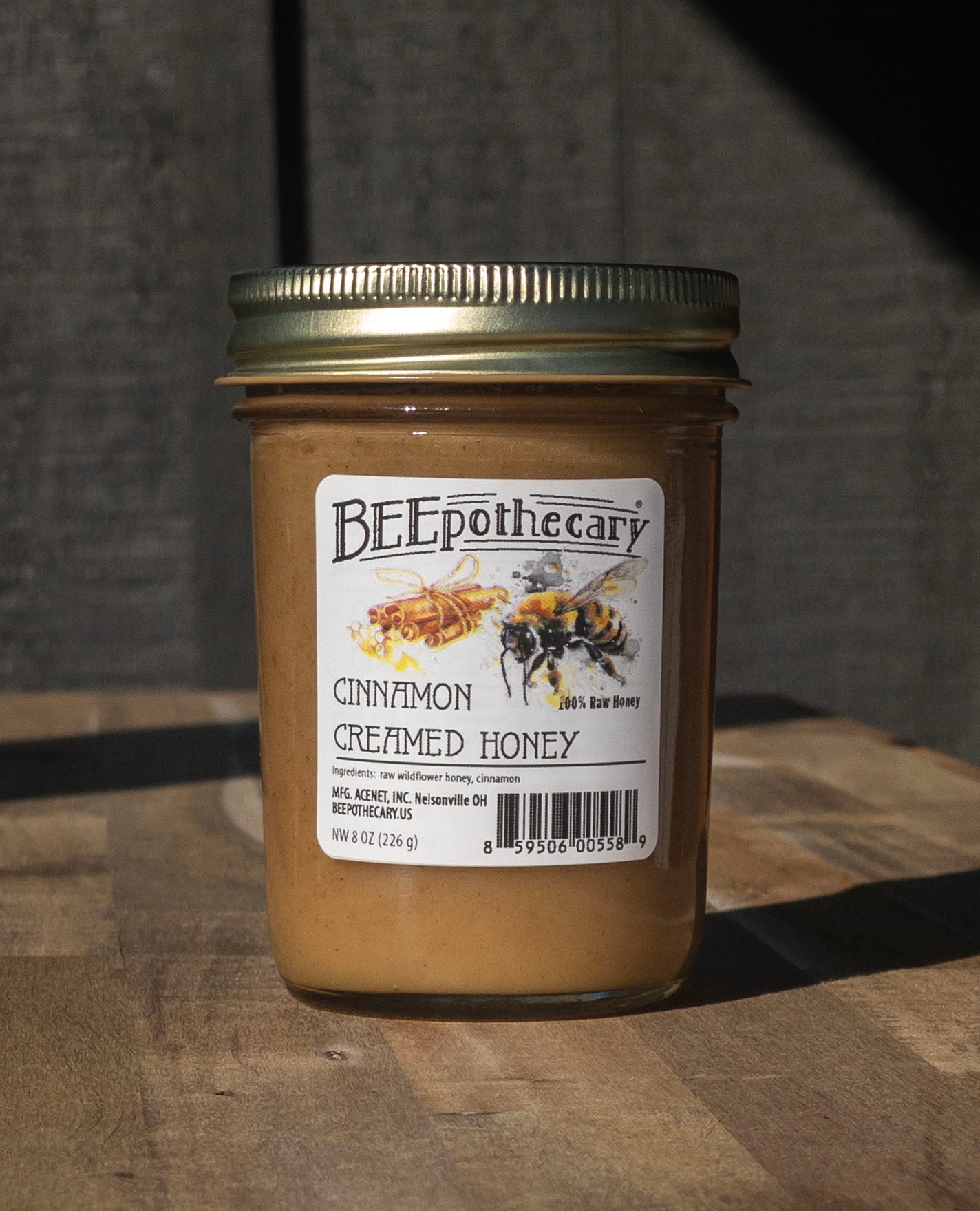 Cinnamon Creamed Honey in an 8oz jar with a twist off lid.