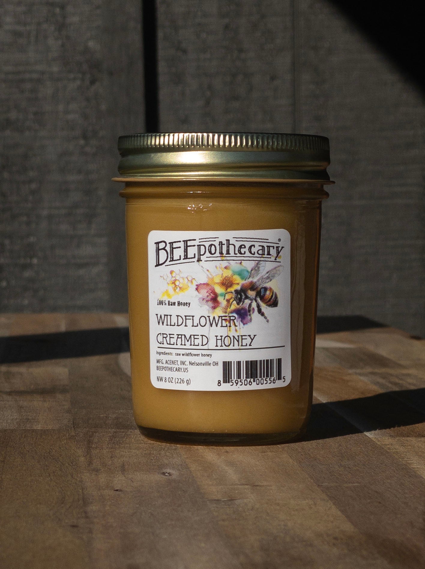 Wildflower Creamed Honey in an 8oz jar with a twist off lid.